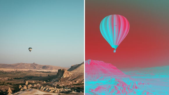 Scenic photo of hot air balloons split showing Negative effect applied to half