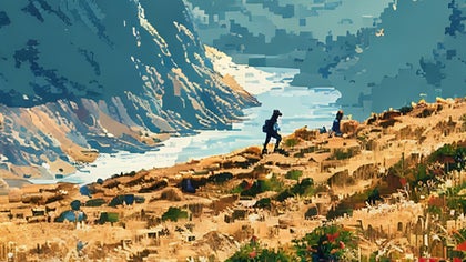 Pixel art landscape of hiker walking along a mountain trail near a winding river