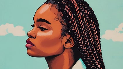 Woman’s profile illustrated in bold pop comic style with vibrant flat colors and clean outlines