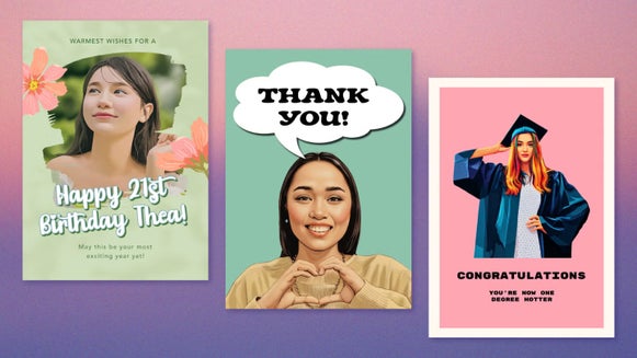 Cartoon portrait greeting cards with birthday, thank you, and graduation messages