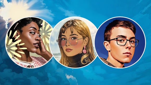 Three cartoon avatars of diverse individuals shown in circular frames