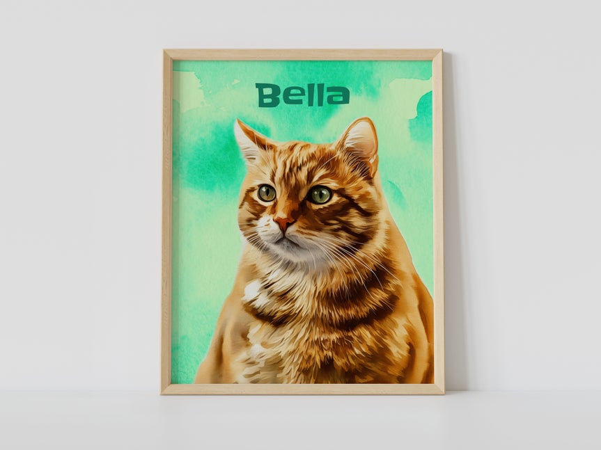 Framed pet portrait of a tabby cat named Bella rendered in a detailed painting-style effect