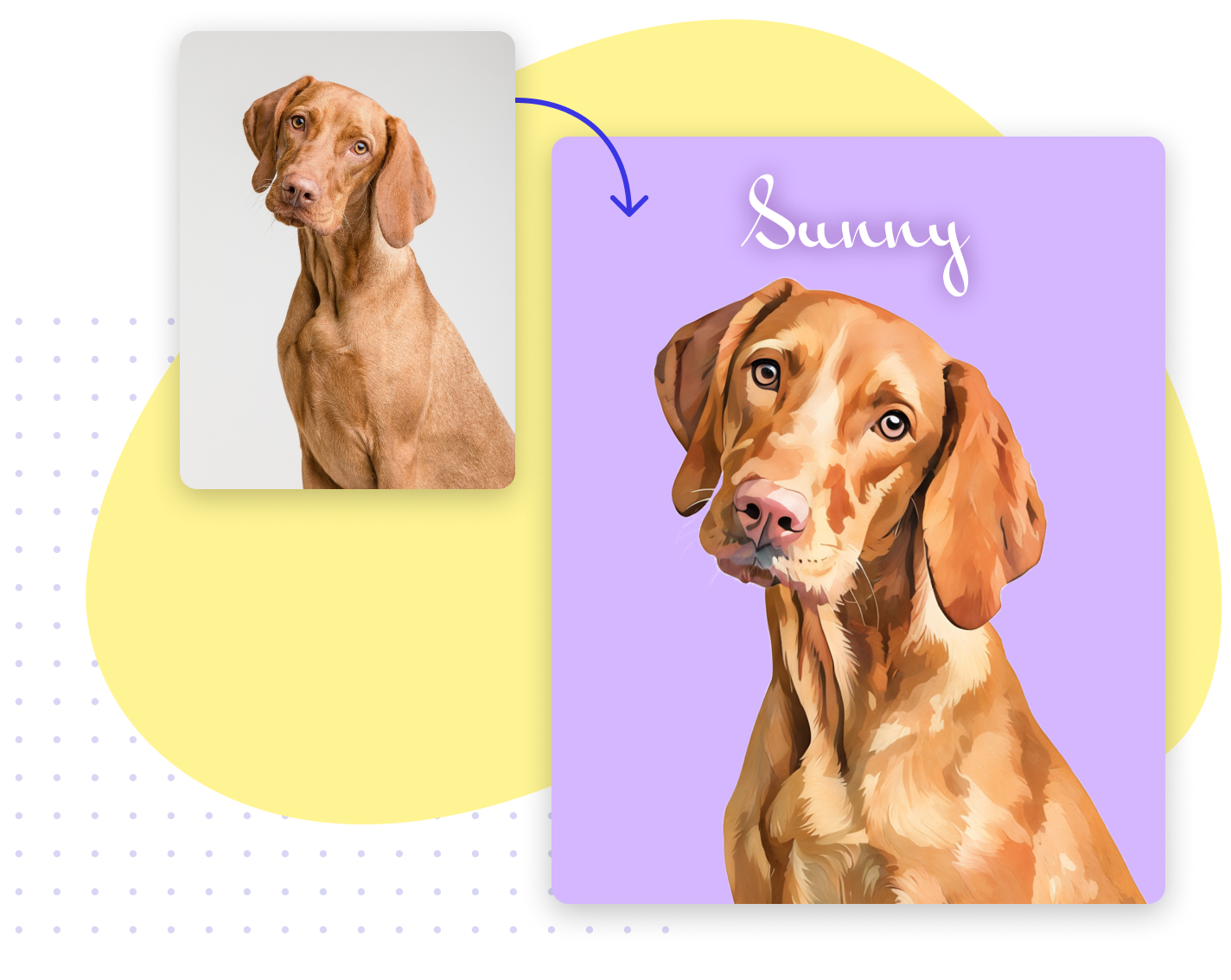 Before and after of a dog photo turned into a personalized pet portrait labeled “Sunny”