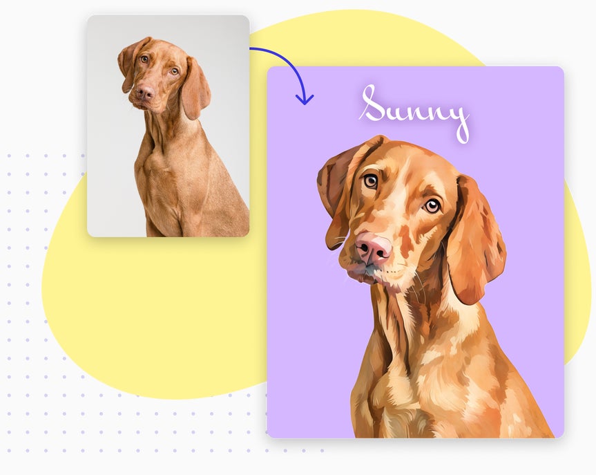 Before and after of a dog photo turned into a personalized pet portrait labeled “Sunny”