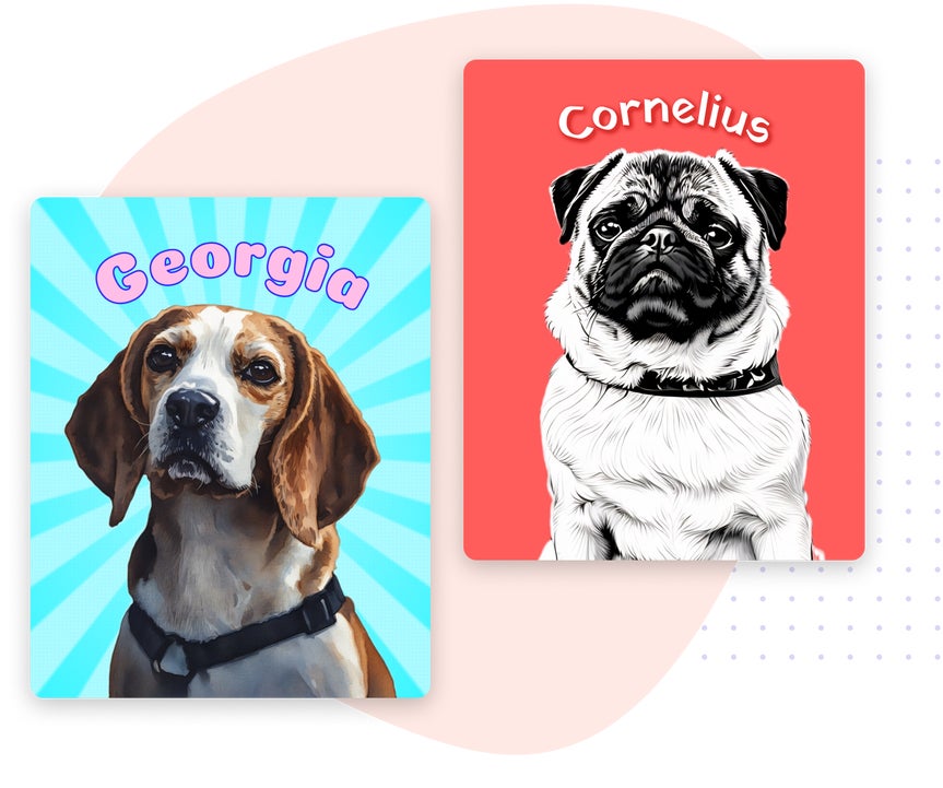 Pet portraits of Georgia and Cornelius styled with bold, artistic effects on colorful backgrounds