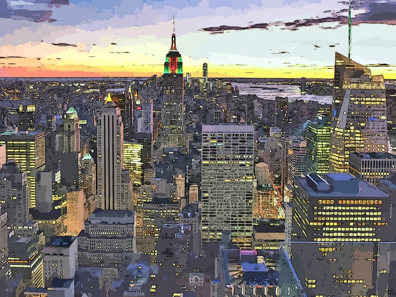 Cartoonizer applied to stock image of city skyline