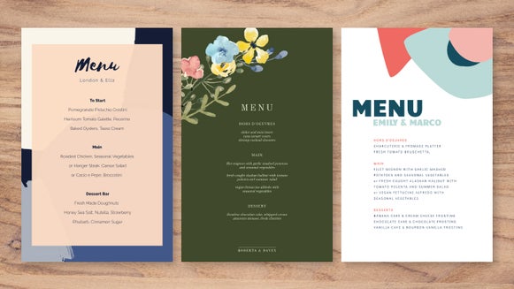 Three wedding menu templates with floral and modern designs in peach, green, and white