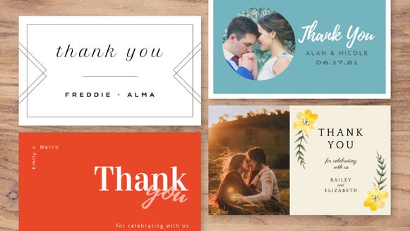 Four wedding thank you card designs with modern fonts, floral elements, and couple portraits
