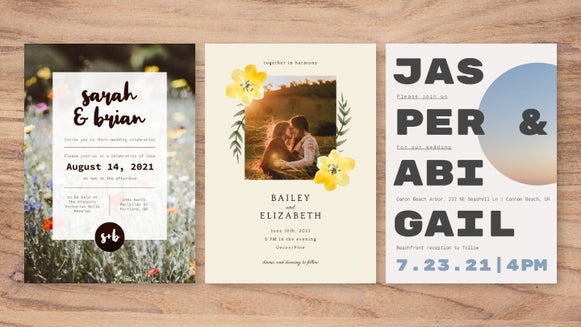 Trio of wedding invitation templates featuring floral accents, couple portraits, and bold type