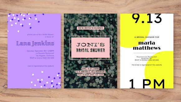 Three bridal shower invitations in purple, floral, and neon yellow themes