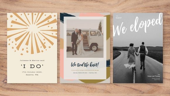 Three elopement announcement templates with bold text and romantic couple photos
