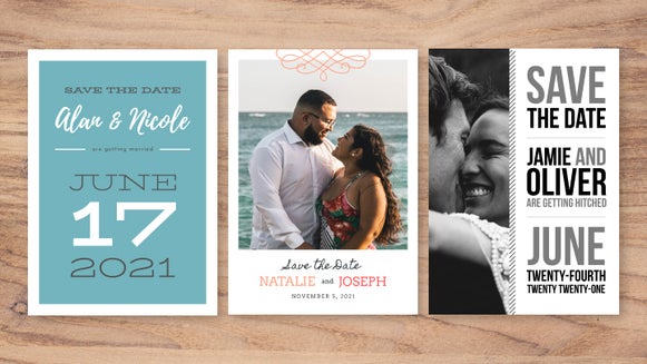 Three save the date card templates with engagement photos and elegant typography