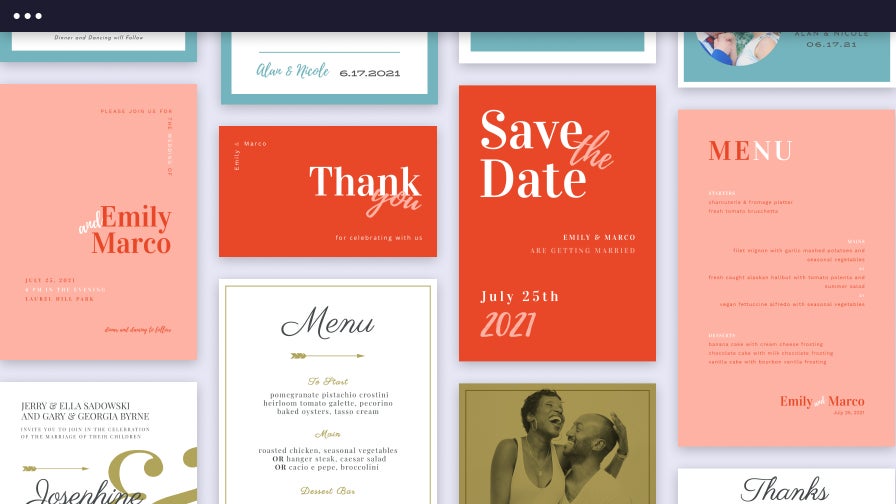 Assorted wedding templates including invitations, menus, thank you cards, and save the date designs in a modern layout