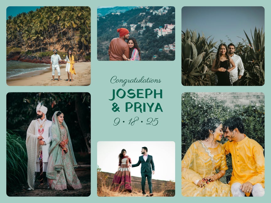 Wedding collage with six couple portraits surrounding a center message congratulating Joseph and Priya