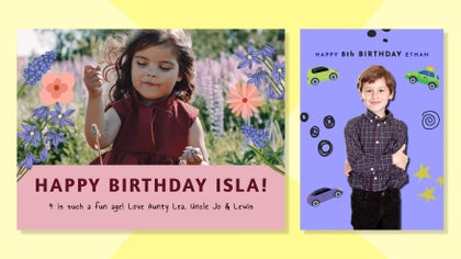 Girl among flowers and boy posing on playful kids birthday card templates