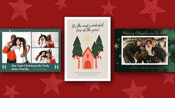 Christmas card designs on red background with snowy elements and family photos