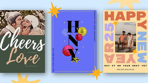 New Year card templates featuring bold 2025 typography and family portraits