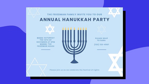 Blue Hanukkah party invitation featuring a large menorah and Star of David