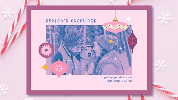 Holiday card template with ornaments and a family pet photo, labeled Season’s Greetings