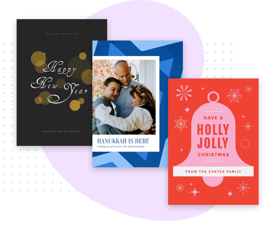 BeFunky holiday card templates featuring Christmas, Hanukkah, and New Year designs