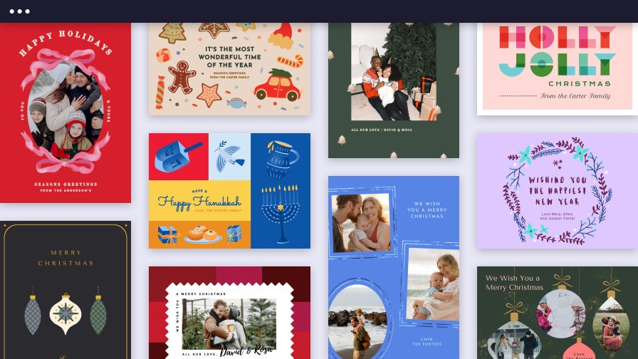 Variety of holiday card templates from BeFunky shown with family photos and festive seasonal illustrations