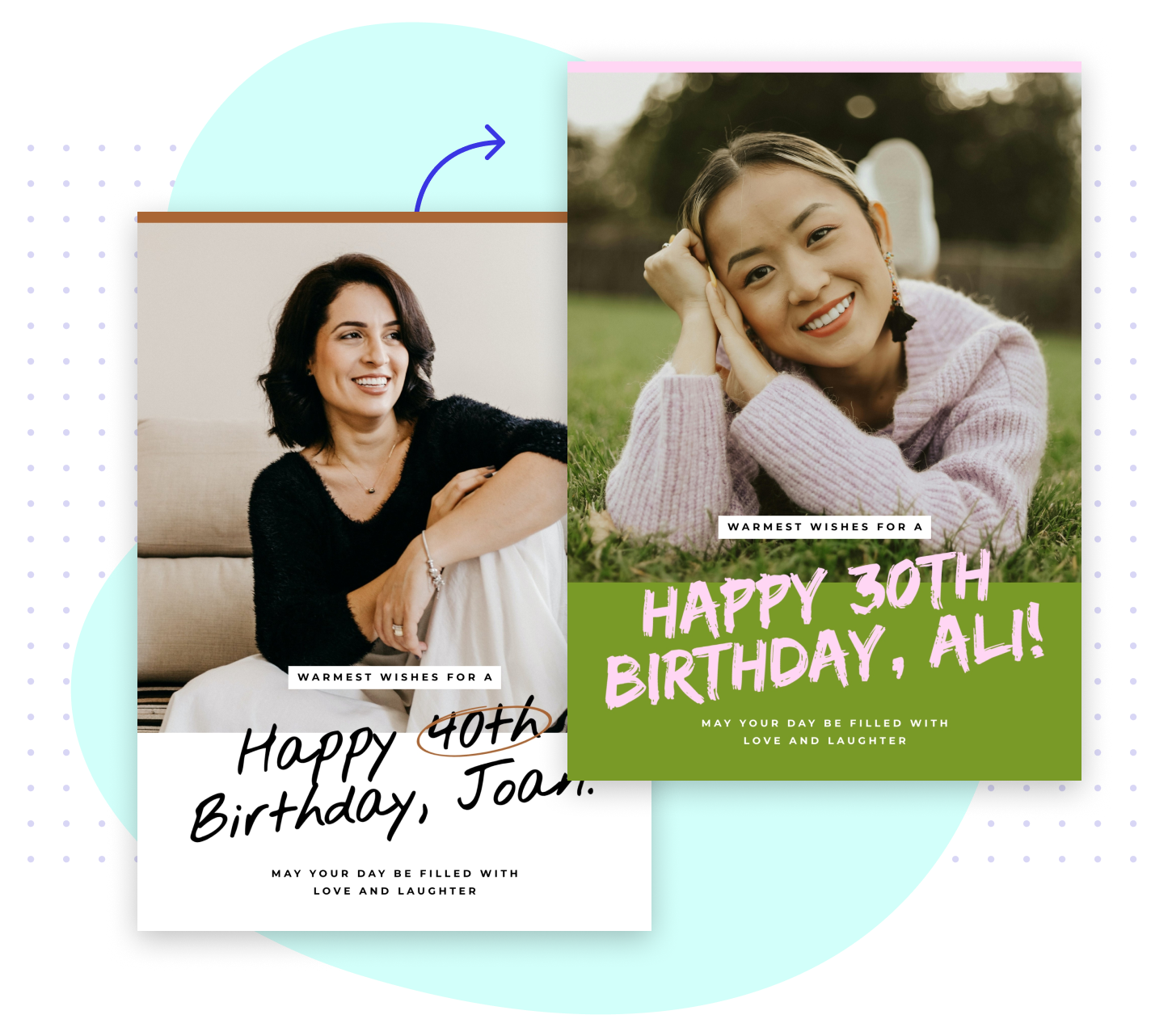 Side-by-side comparison of a birthday card before and after customizing