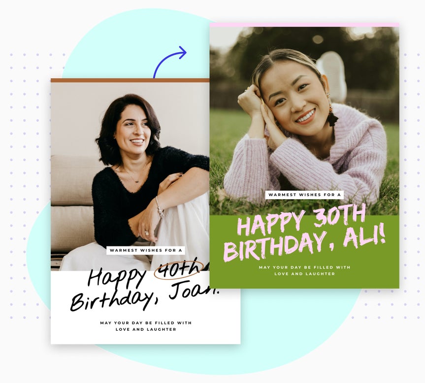 Side-by-side comparison of a birthday card before and after customizing