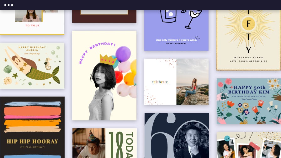 Grid of birthday card templates in various styles and colors for different ages and occasions