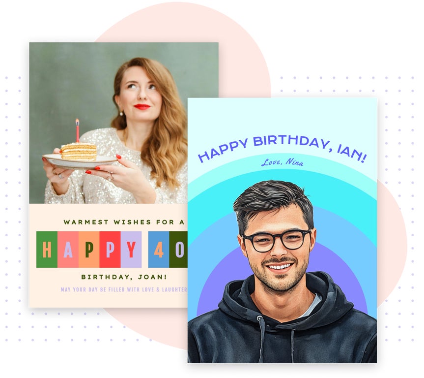 Birthday card template options featuring bold typography and portrait-style photos