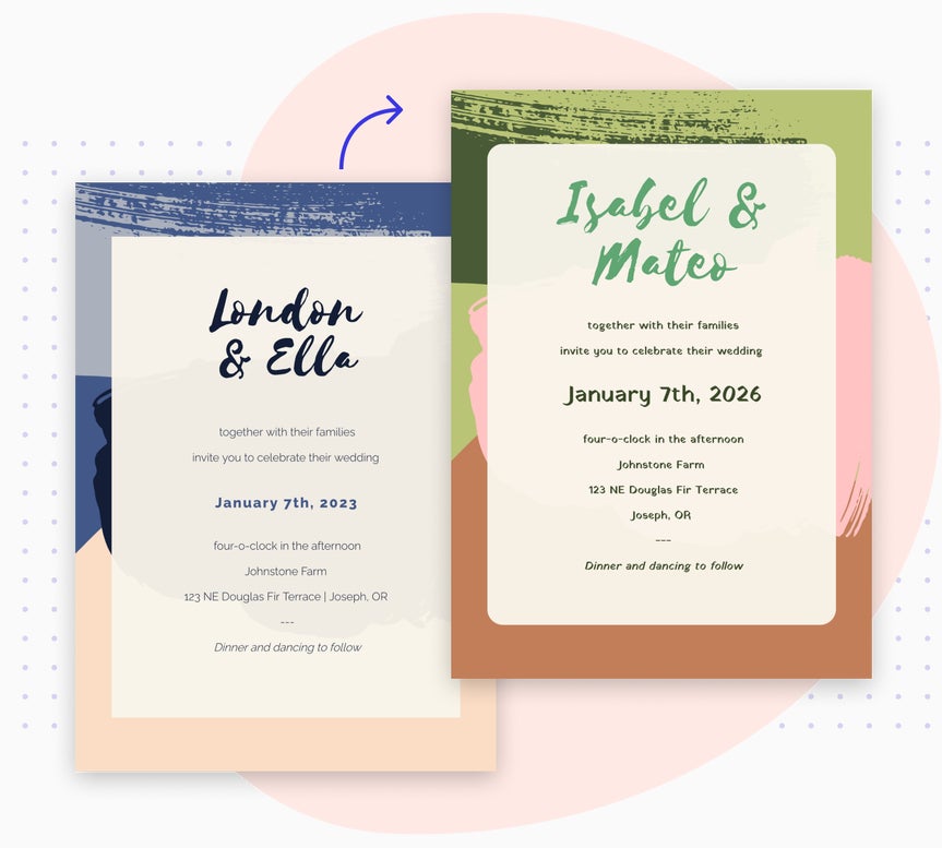 Before and after showing customized wedding invitation template with modern brushstroke design