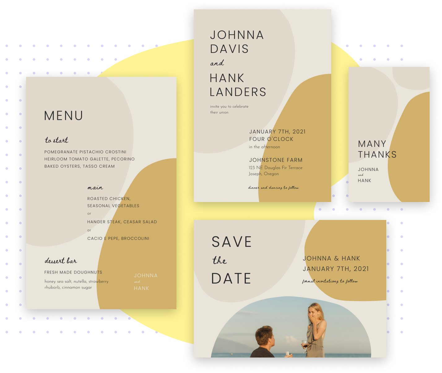Modern wedding invitation set featuring abstract shapes and a save the date card template