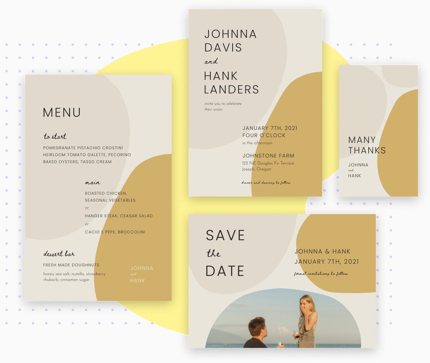 Modern wedding invitation set featuring abstract shapes and a save the date card template