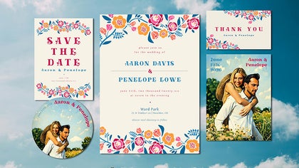 Wedding invitation suite with coordinated save the date, thank you card, invitation, magnet, and coaster