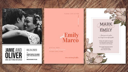 Assorted wedding invitation styles including bold, minimal, and vintage floral looks