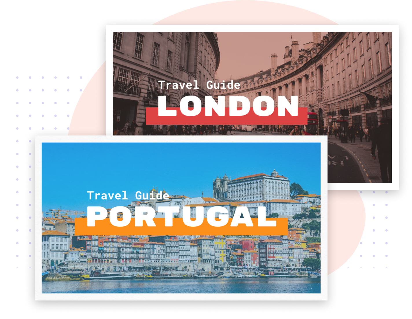Travel guide YouTube thumbnails for London and Portugal with bold text overlays