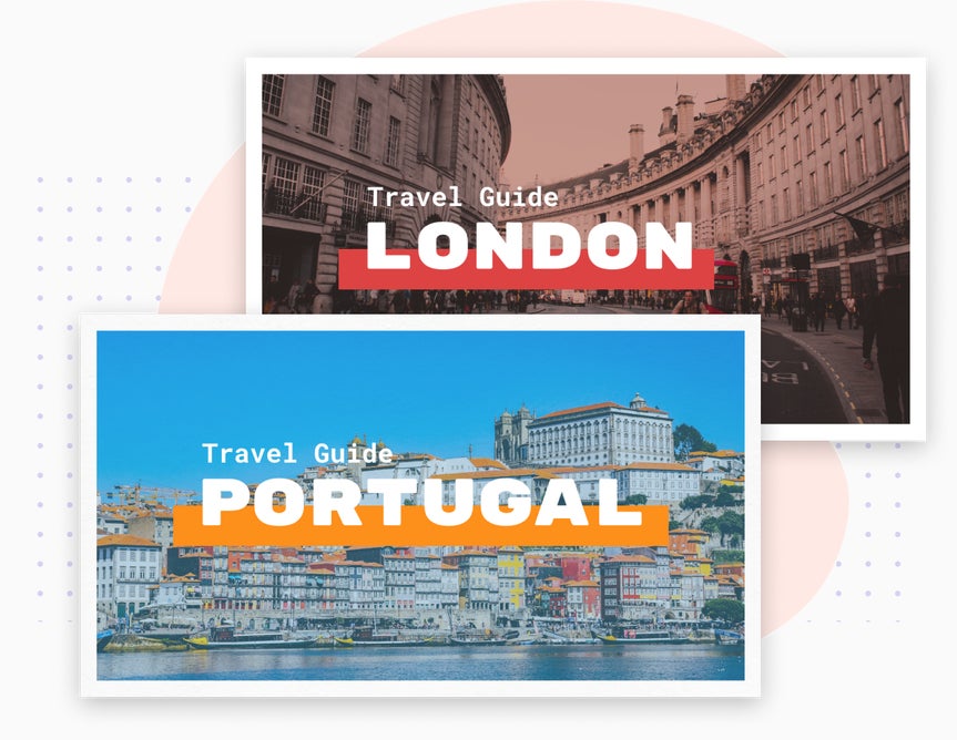 Travel guide YouTube thumbnails for London and Portugal with bold text overlays
