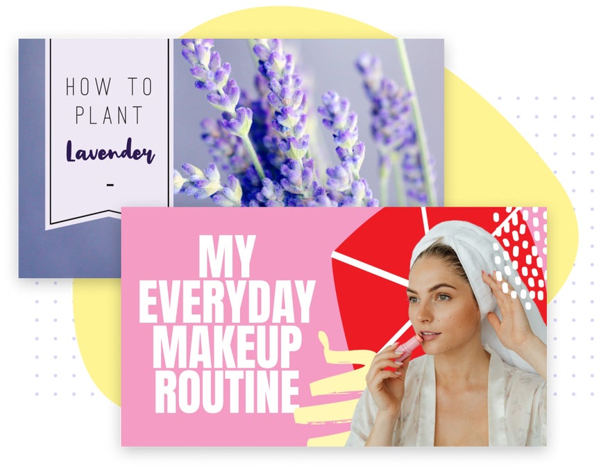 YouTube thumbnails for a lavender planting tutorial and everyday makeup routine