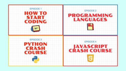 Coding YouTube thumbnail series with episodes on Python, JavaScript, programming languages, and how to start coding