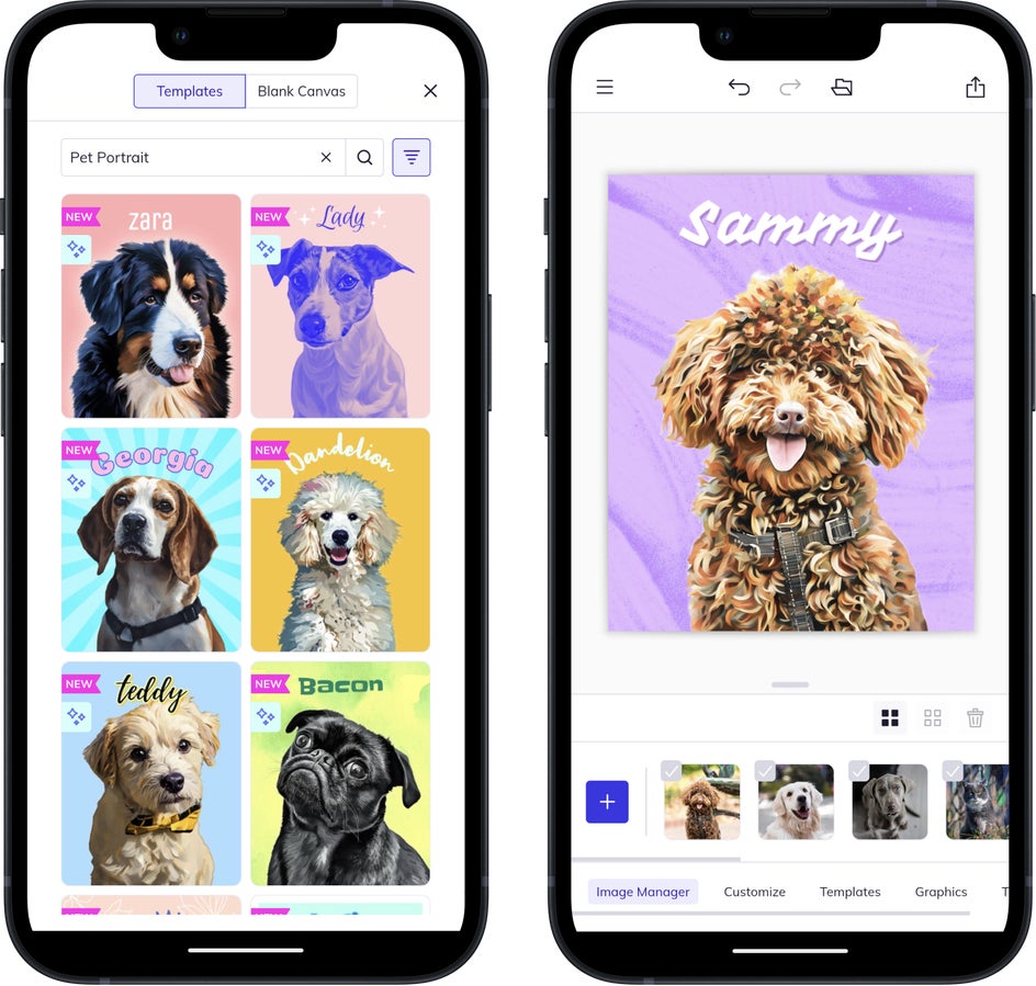 Pet portrait smart templates on mobile with a custom dog design named Sammy in editing view