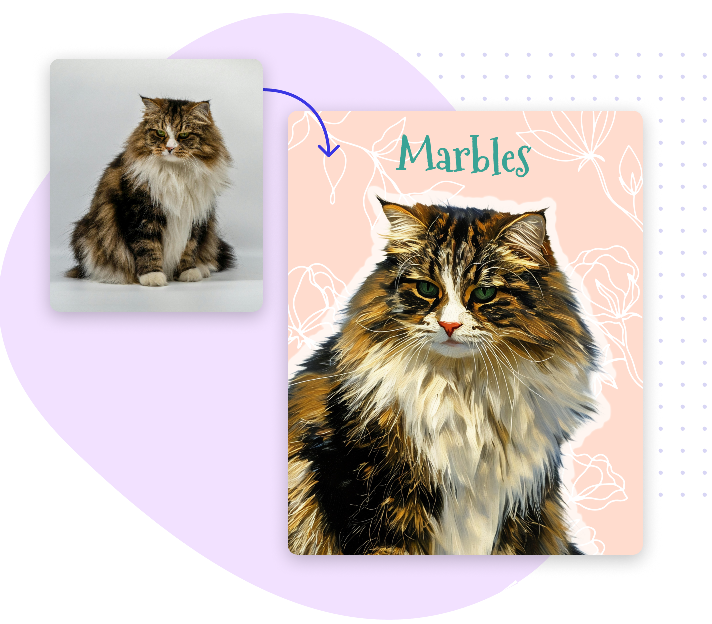 Before and after pet portrait of a long-haired cat transformed using a smart template