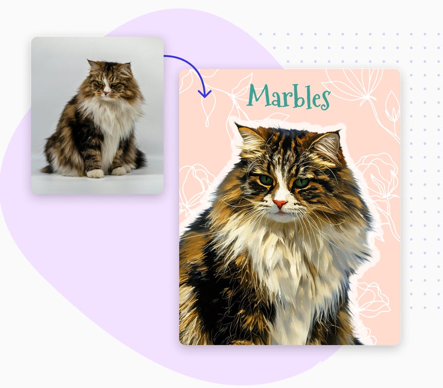 Before and after pet portrait of a long-haired cat transformed using a smart template