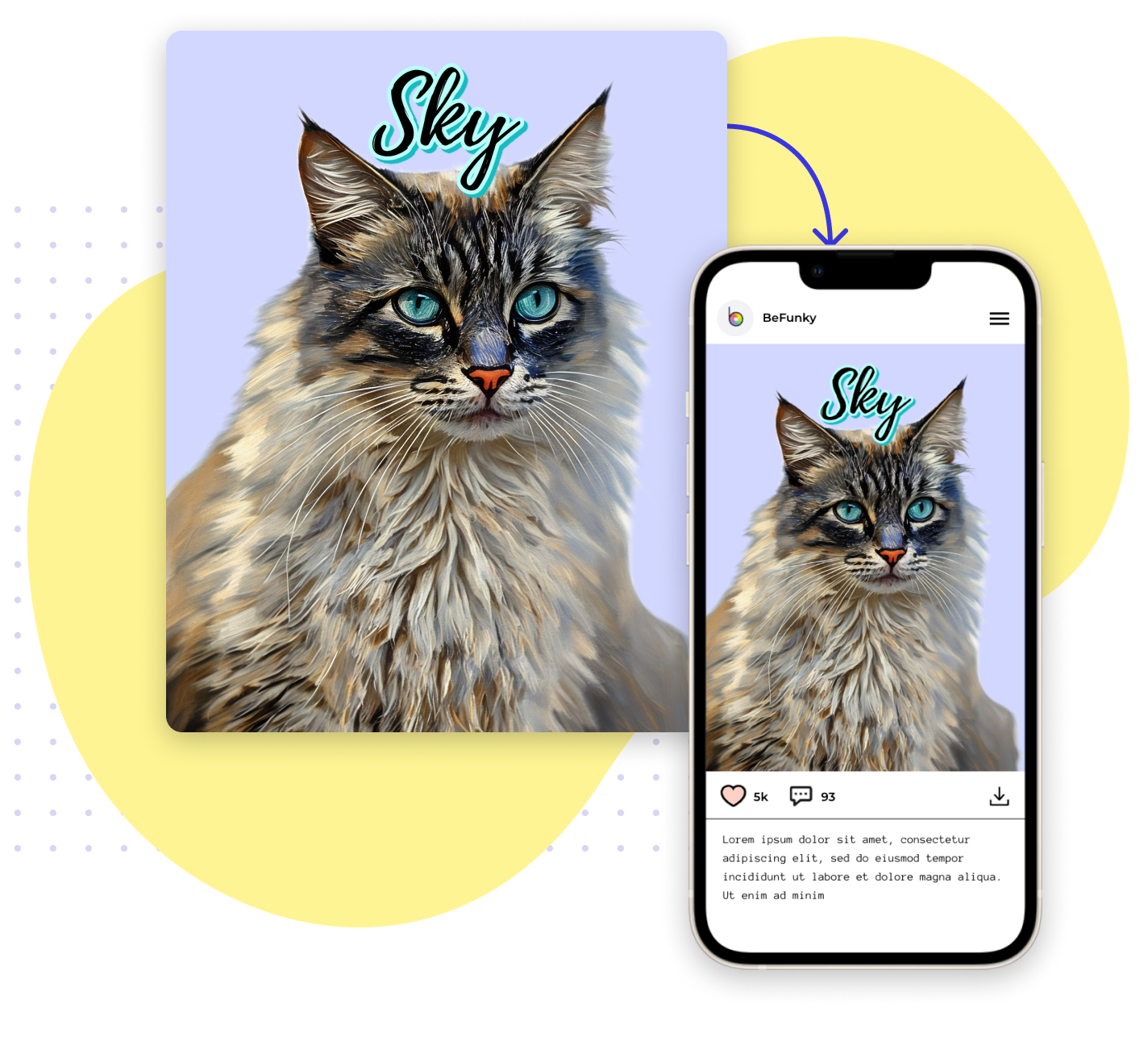 Painted pet portrait of a fluffy cat shared as a social media post on a mobile screen