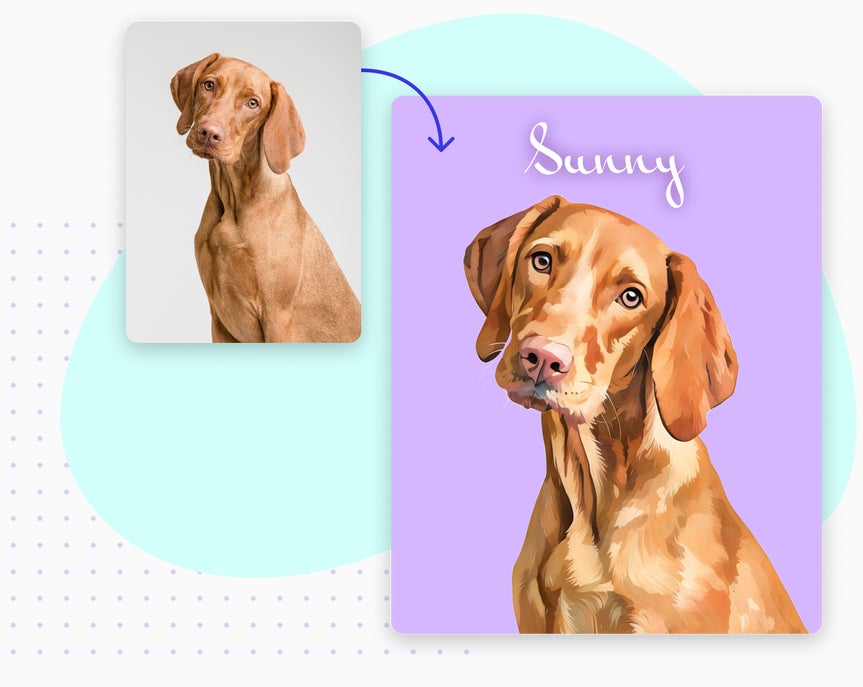 Before and after of a dog photo turned into a personalized pet portrait labeled “Sunny”