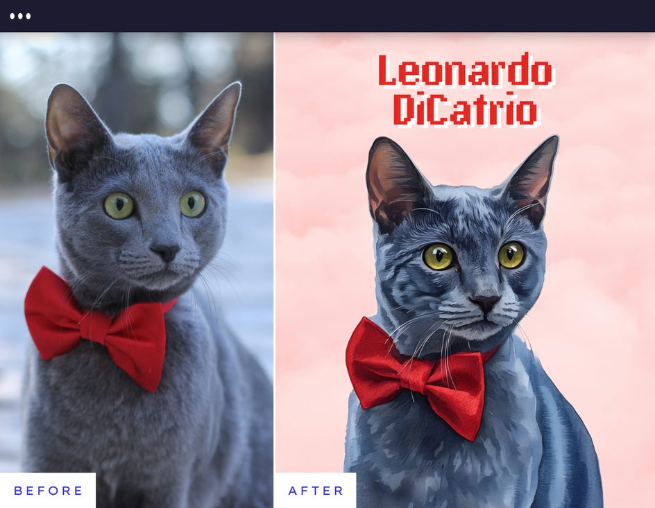 Before and after pet portrait of a gray cat turned into a stylized artwork