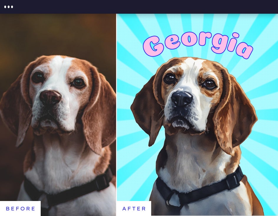 Before and after pet portrait of a beagle illustrated with a bold graphic style