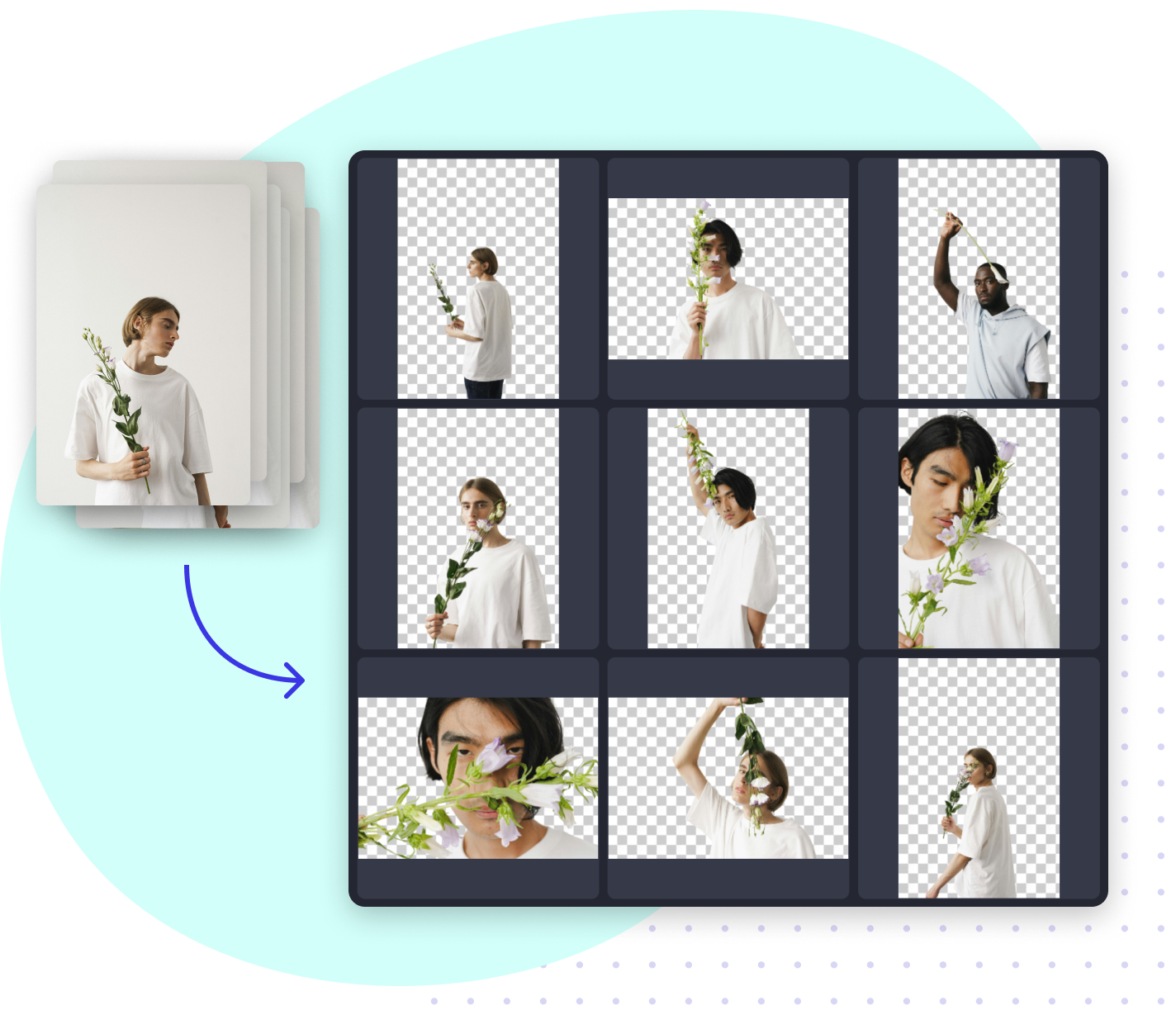 Batch photo editor removing backgrounds from multiple portrait images in a grid layout
