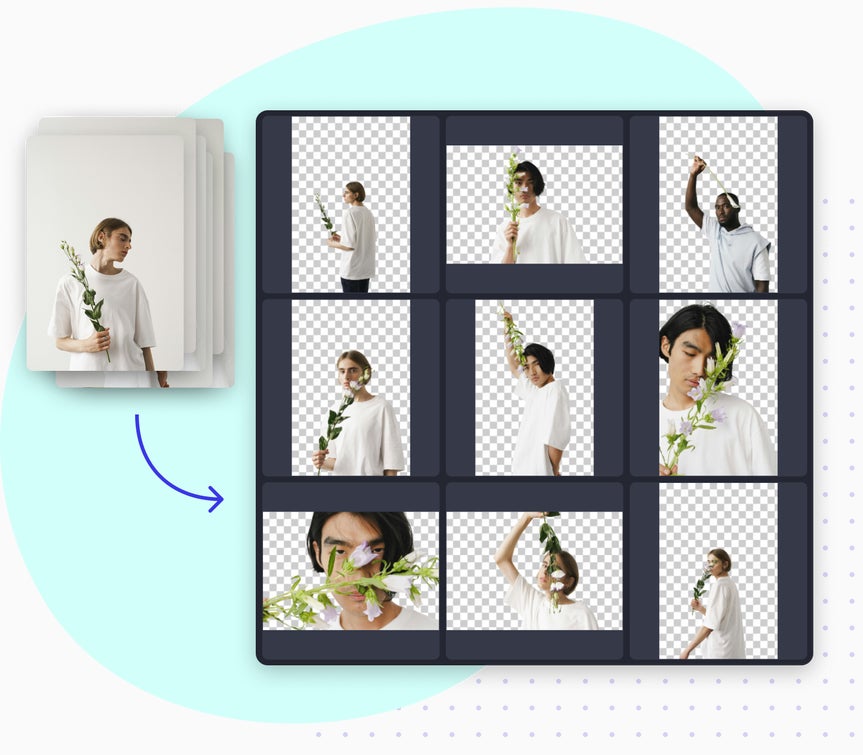 Batch photo editor removing backgrounds from multiple portrait images in a grid layout