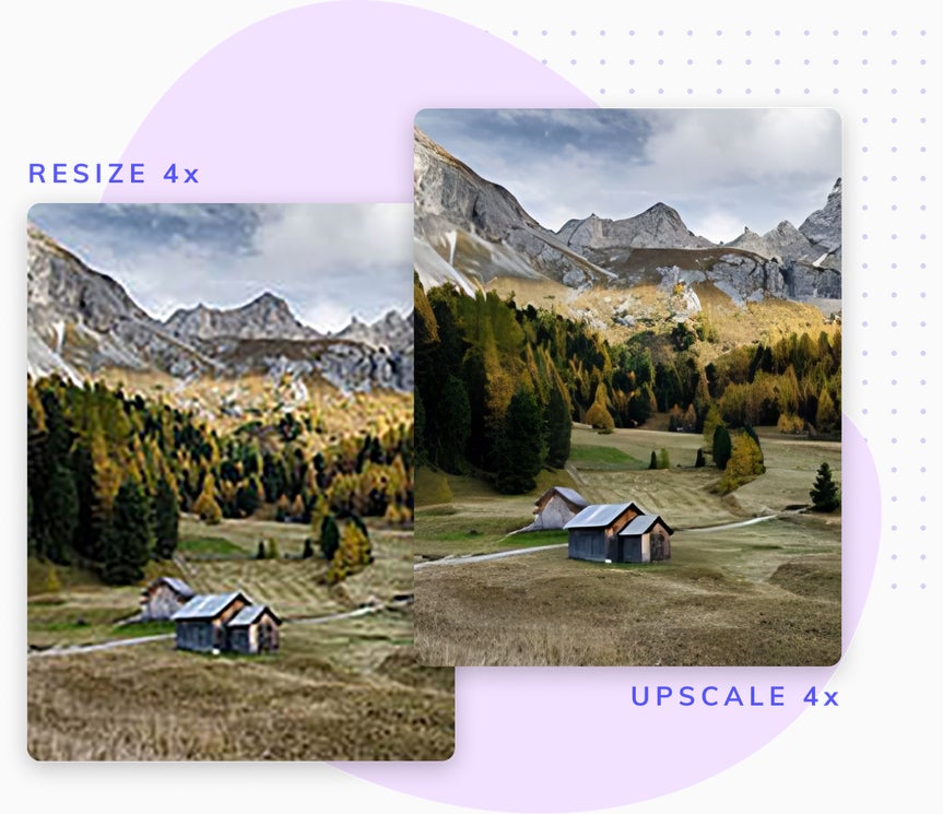 Side-by-side comparison showing 4x resize with blur and 4x AI upscale with sharp detail recovery