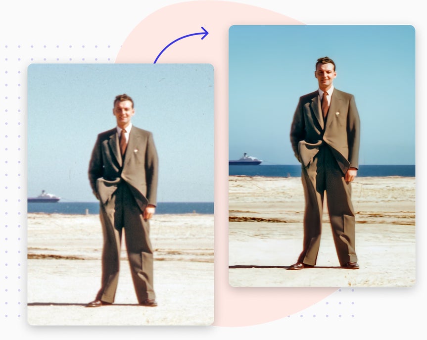 Man standing on beach before and after Old Photo Restorer