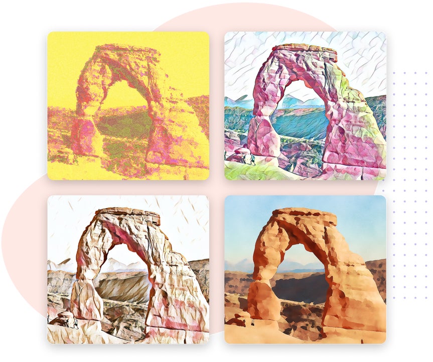 Four images of Arches National Park with four different BeFunky Watercolor Artsy effects applied